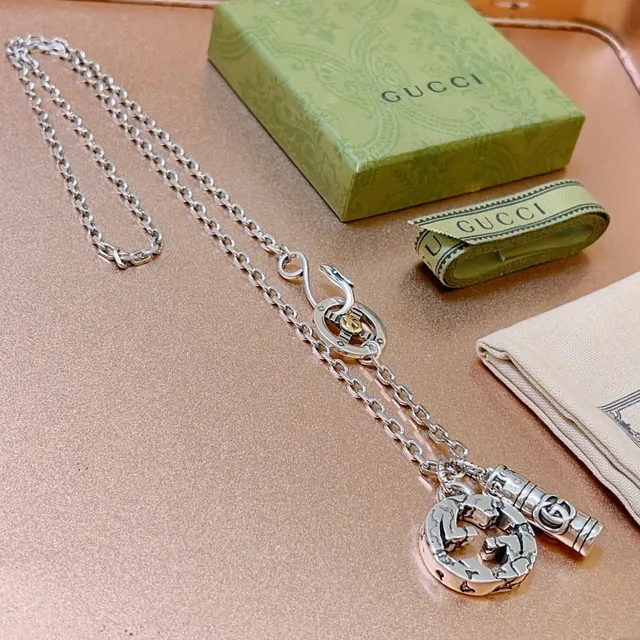 Gucci Multi-Charm Necklace Silver Gold Curb Chain Pendant Necklace 7