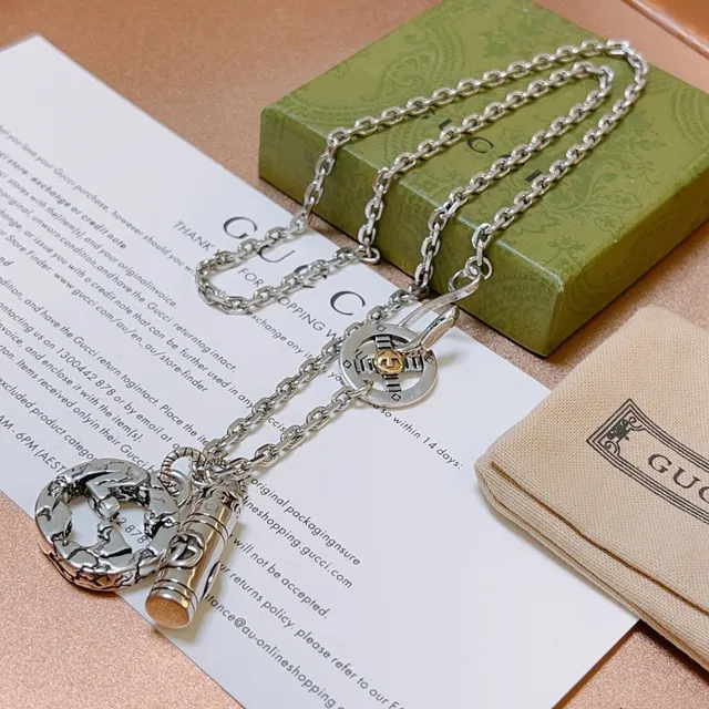 Gucci Multi-Charm Necklace Silver Gold Curb Chain Pendant Necklace 9