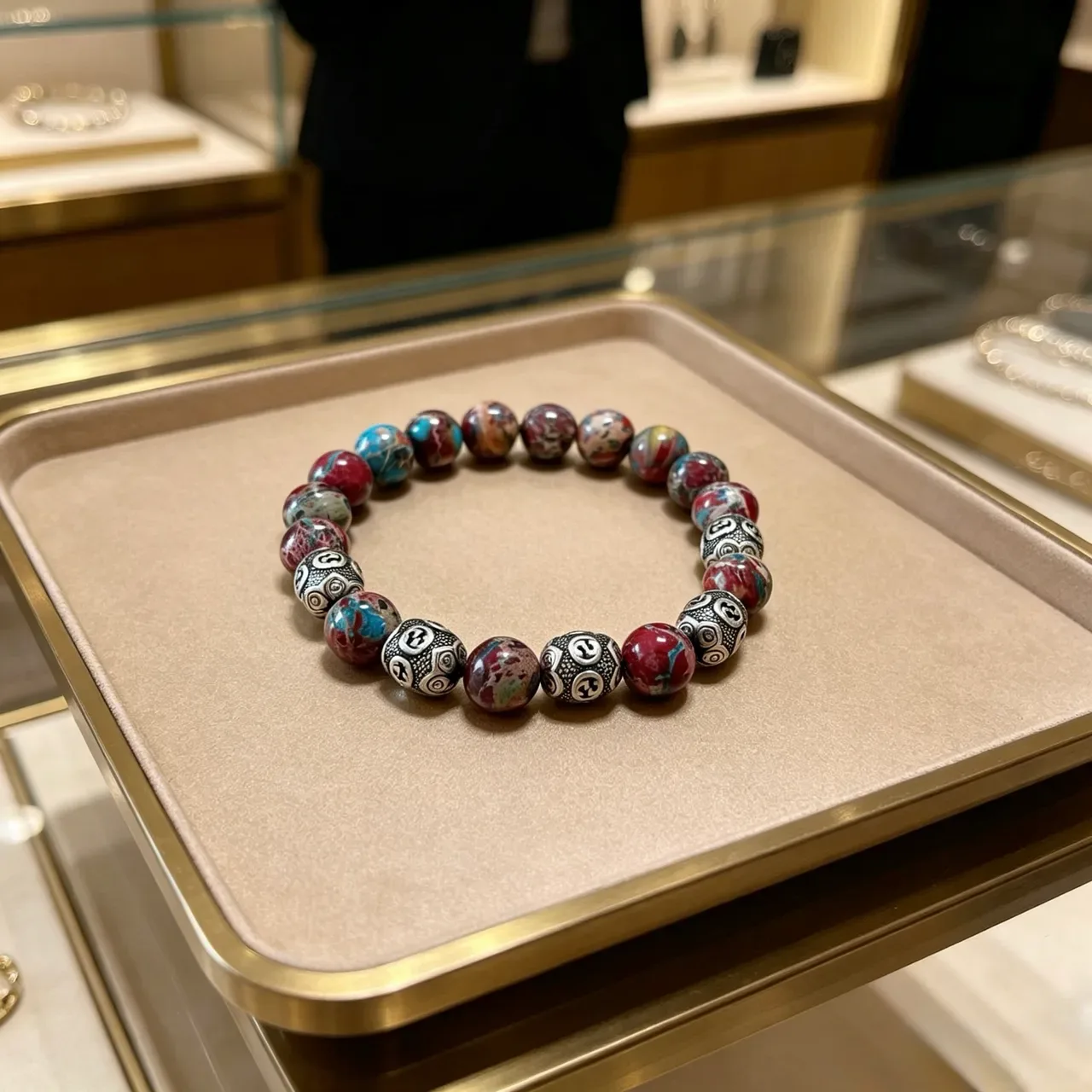 Gucci Multicolor Marbled Stone and Interlocking G Bead Bracelet 2