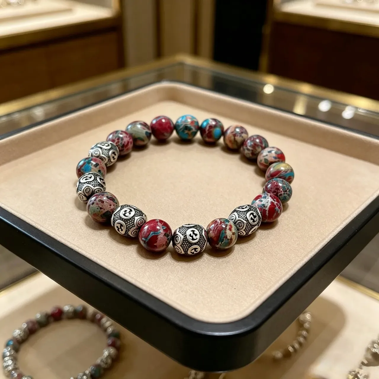 Gucci Multicolor Marbled Stone and Interlocking G Bead Bracelet 6