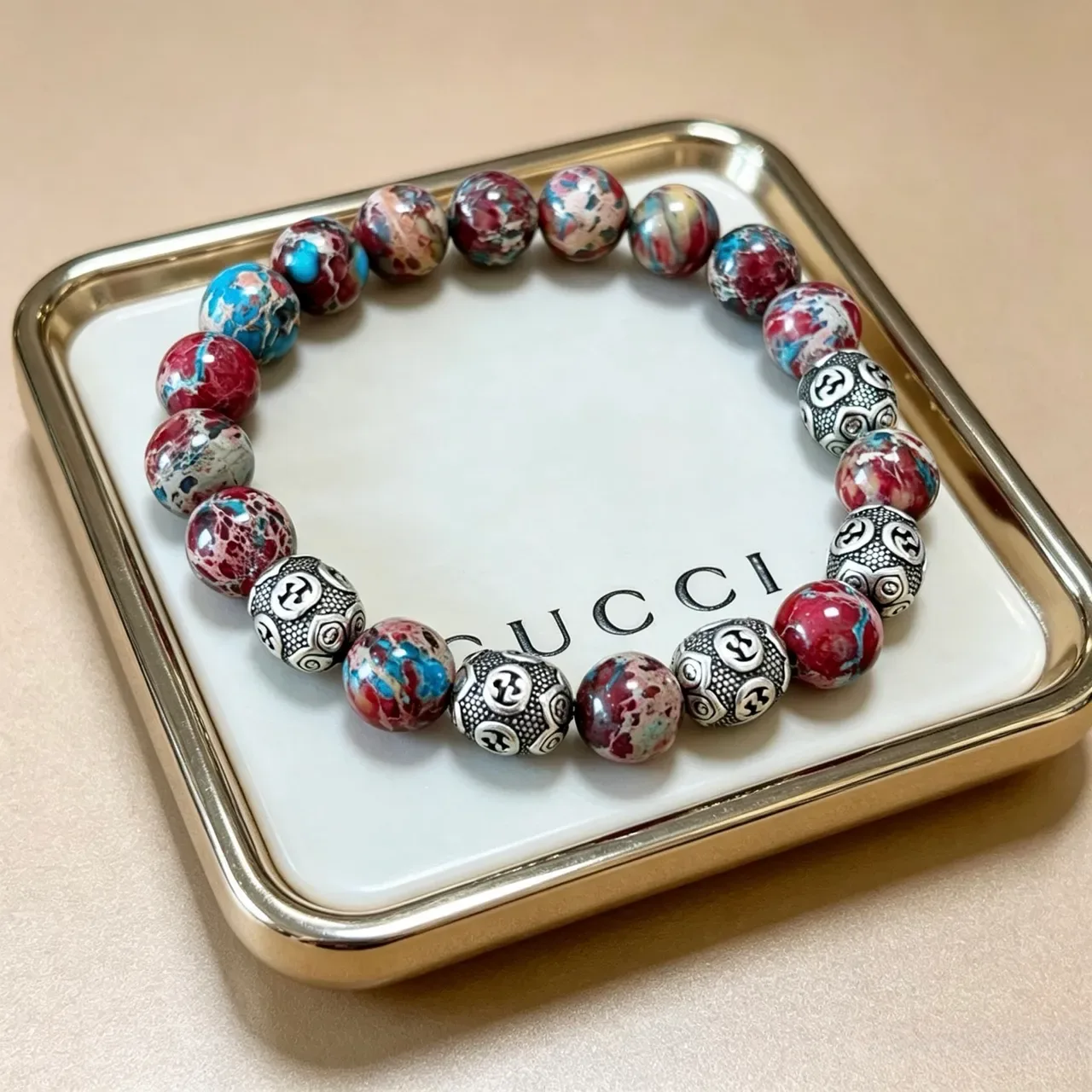 Gucci Multicolor Marbled Stone and Interlocking G Bead Bracelet 7