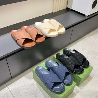 Gucci Navy Black Double-Crossed Strap GG Monogram Embossed Slippers