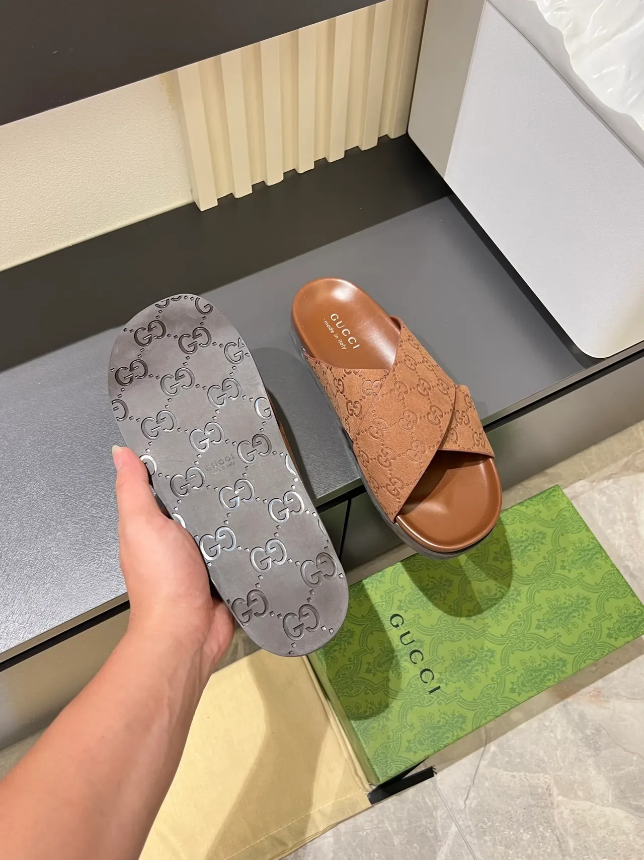 Gucci Navy Black Double-Crossed Strap GG Monogram Embossed Slippers 2