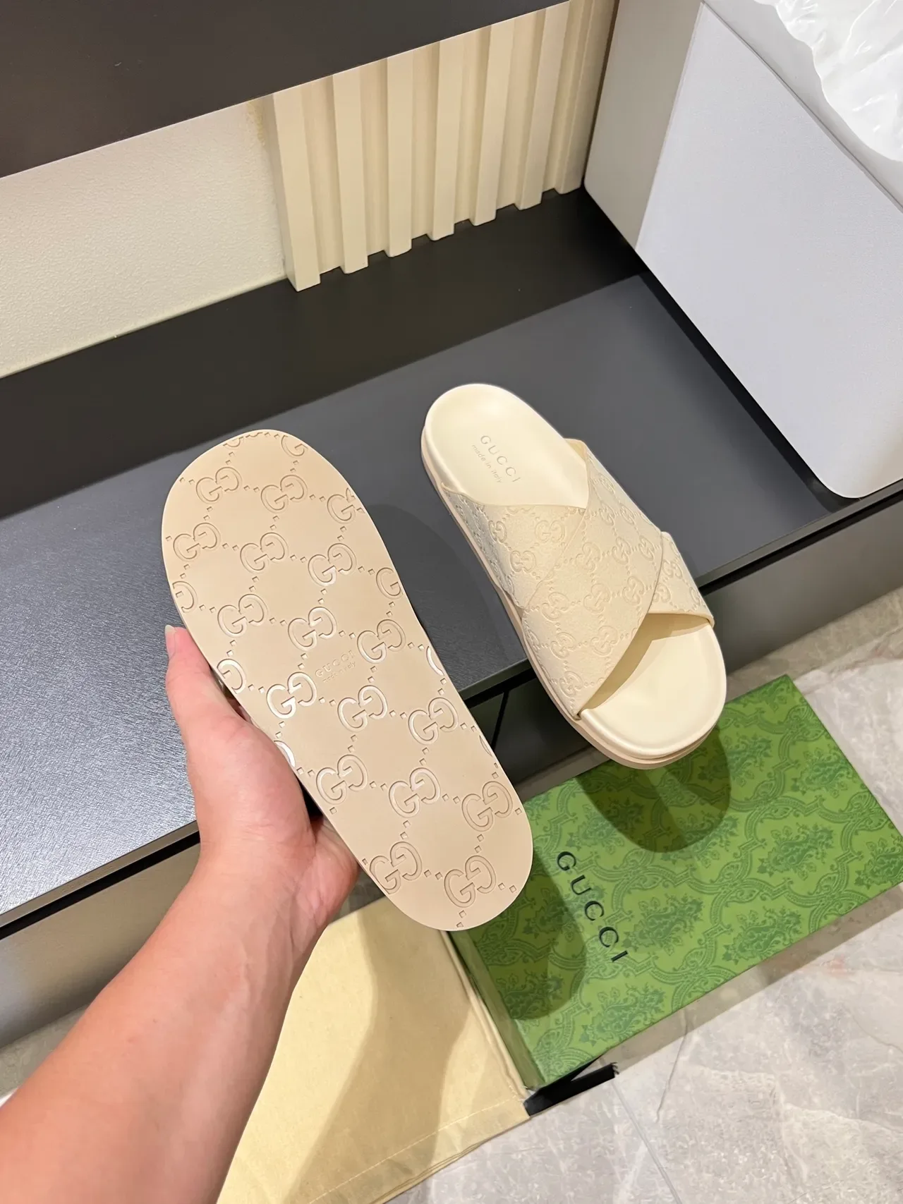 Gucci Navy Black Double-Crossed Strap GG Monogram Embossed Slippers 4