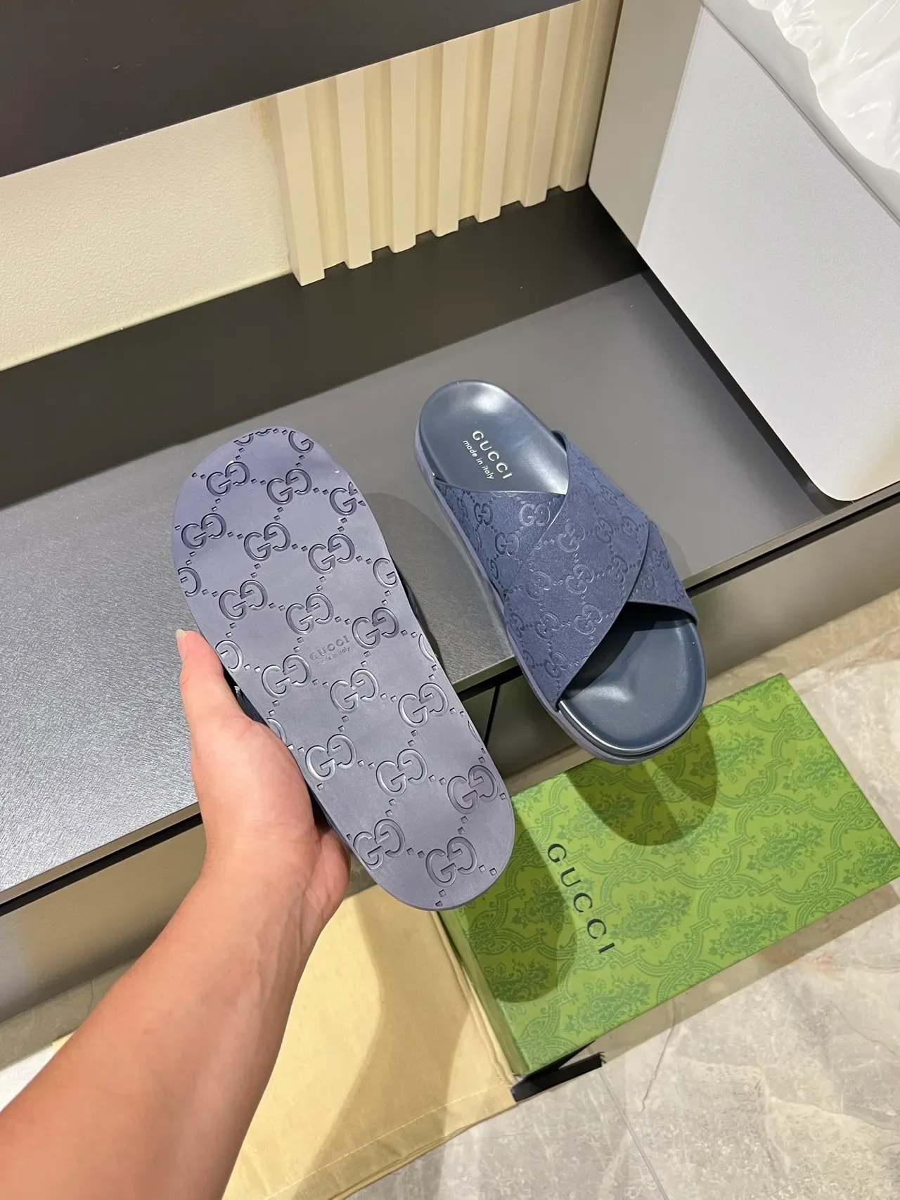 Gucci Navy Black Double-Crossed Strap GG Monogram Embossed Slippers 5