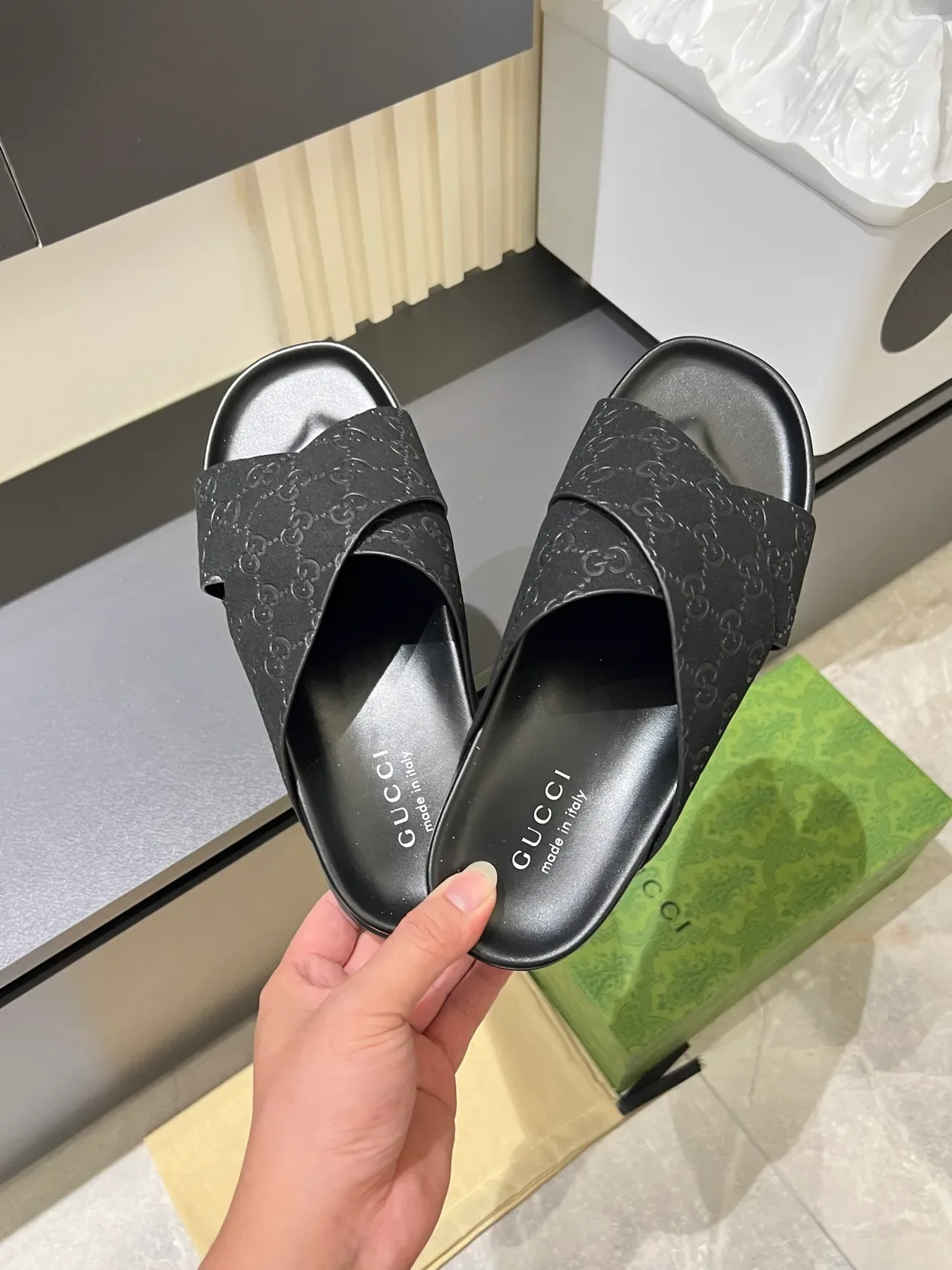 Gucci Navy Black Double-Crossed Strap GG Monogram Embossed Slippers 7