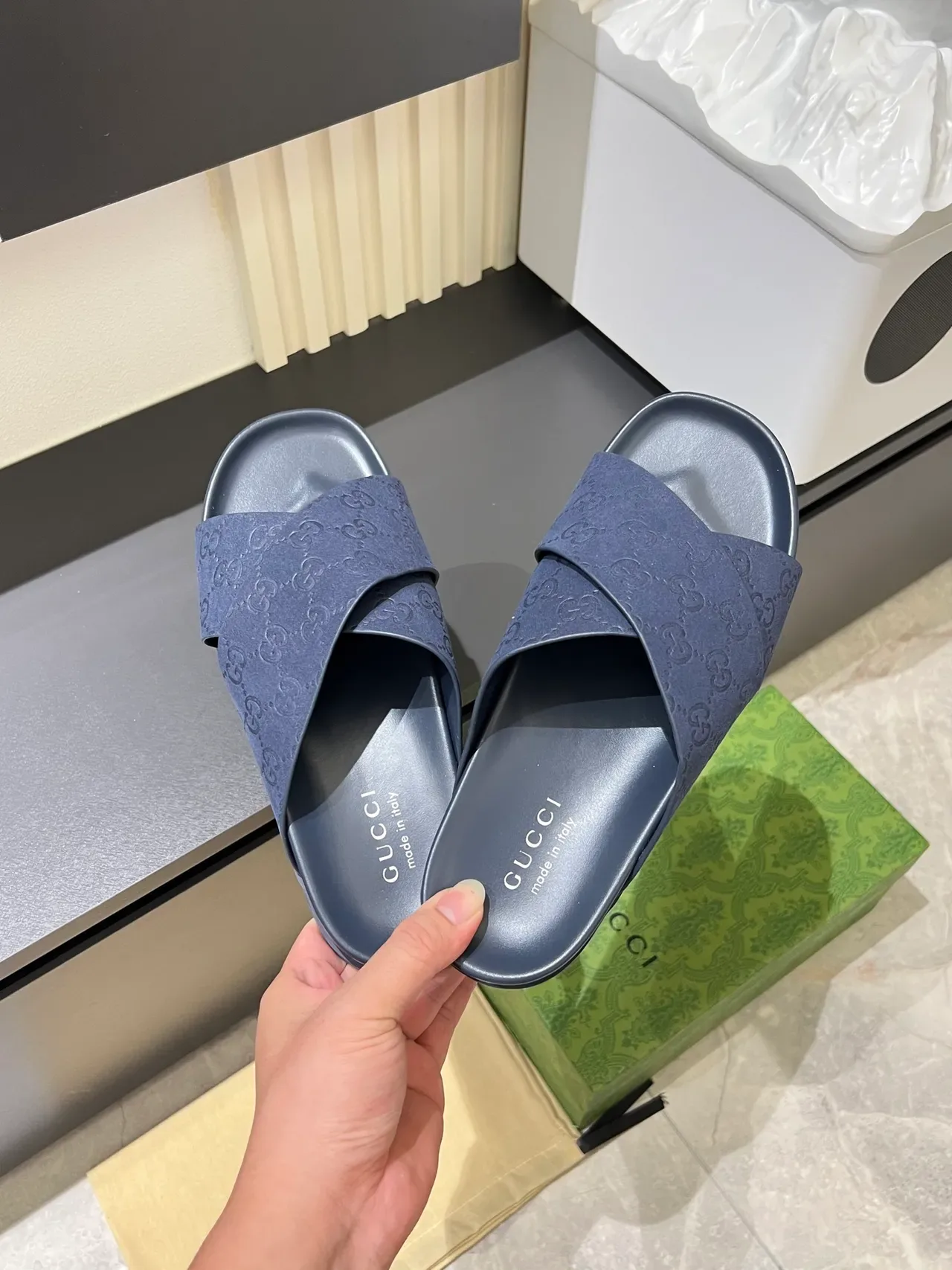 Gucci Navy Black Double-Crossed Strap GG Monogram Embossed Slippers 9