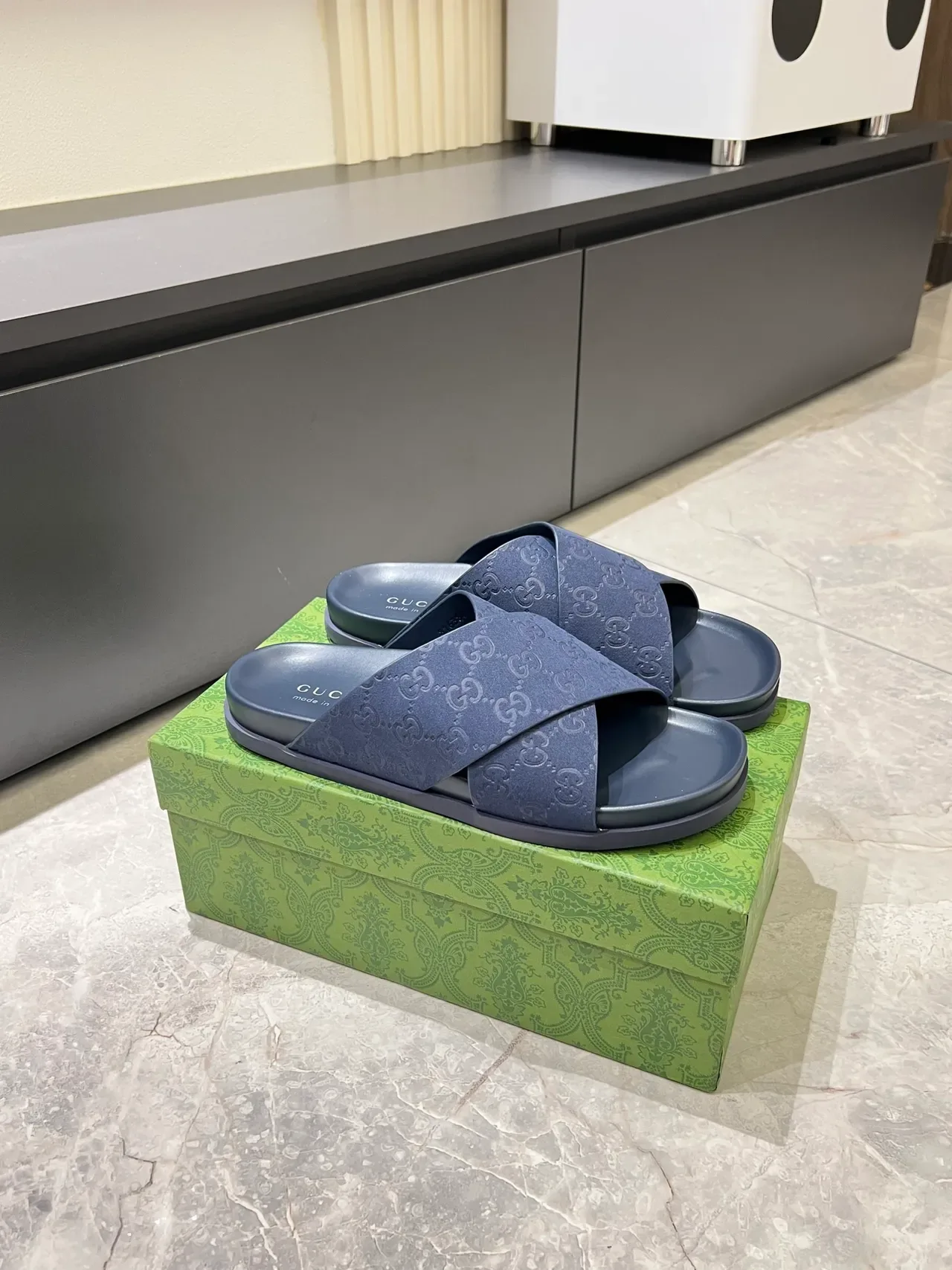 Gucci Navy Black Double-Crossed Strap GG Monogram Embossed Slippers 13
