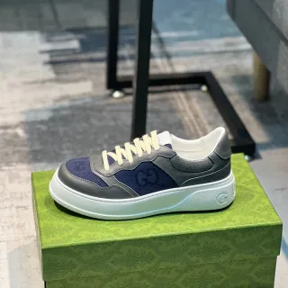 Gucci Navy Gray Layered Leather And Fabric Upper Perforated Detailing Lifestyle Sneakers
