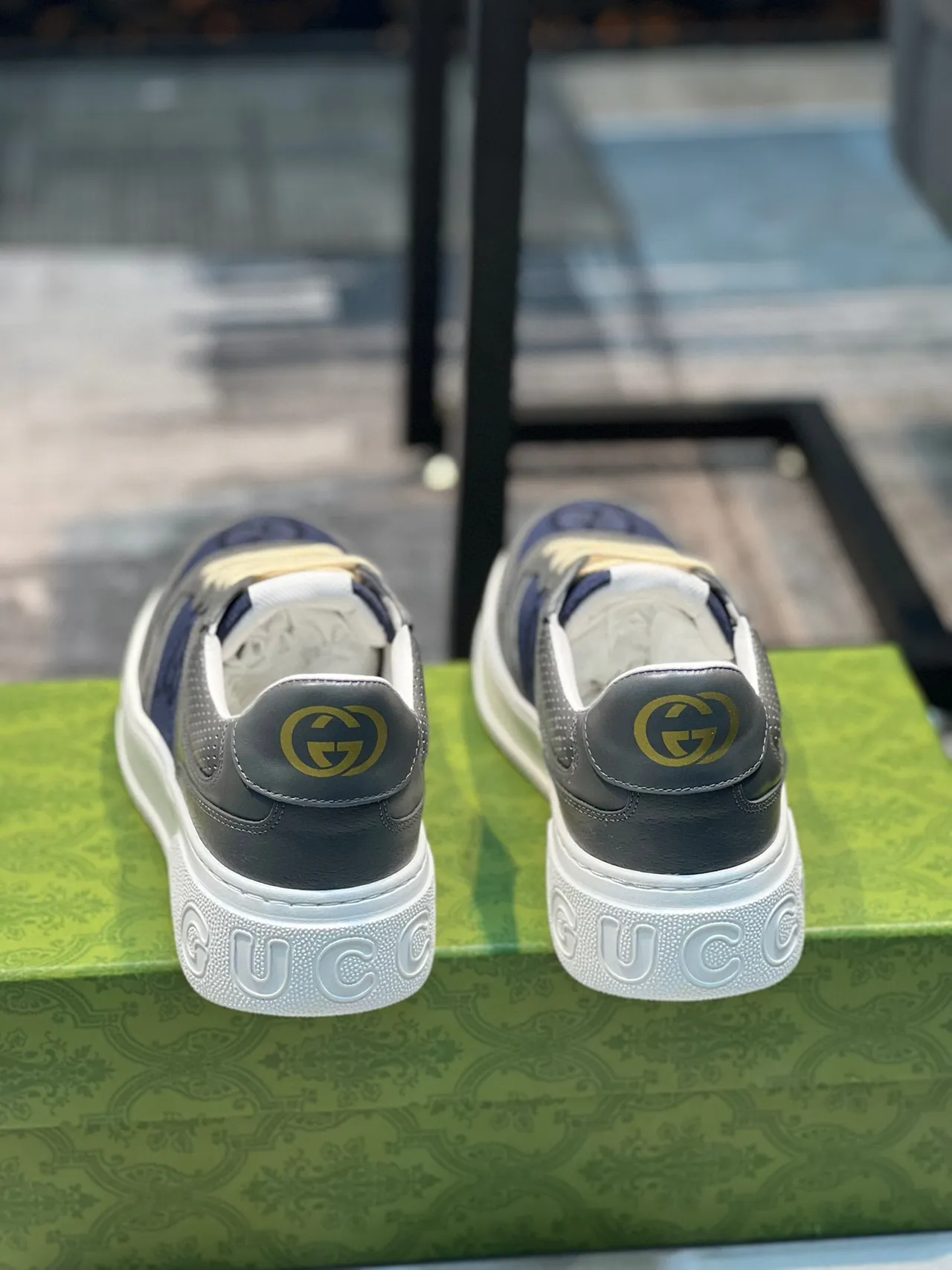 Gucci Navy Gray Layered Leather And Fabric Upper Perforated Detailing Lifestyle Sneakers 2