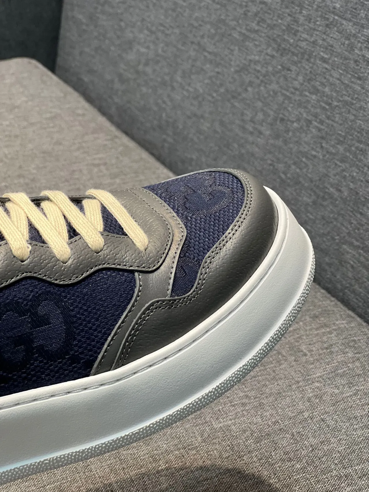 Gucci Navy Gray Layered Leather And Fabric Upper Perforated Detailing Lifestyle Sneakers 3