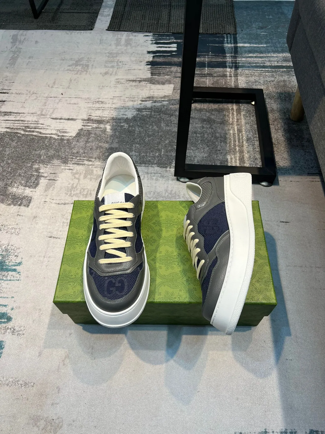 Gucci Navy Gray Layered Leather And Fabric Upper Perforated Detailing Lifestyle Sneakers 4