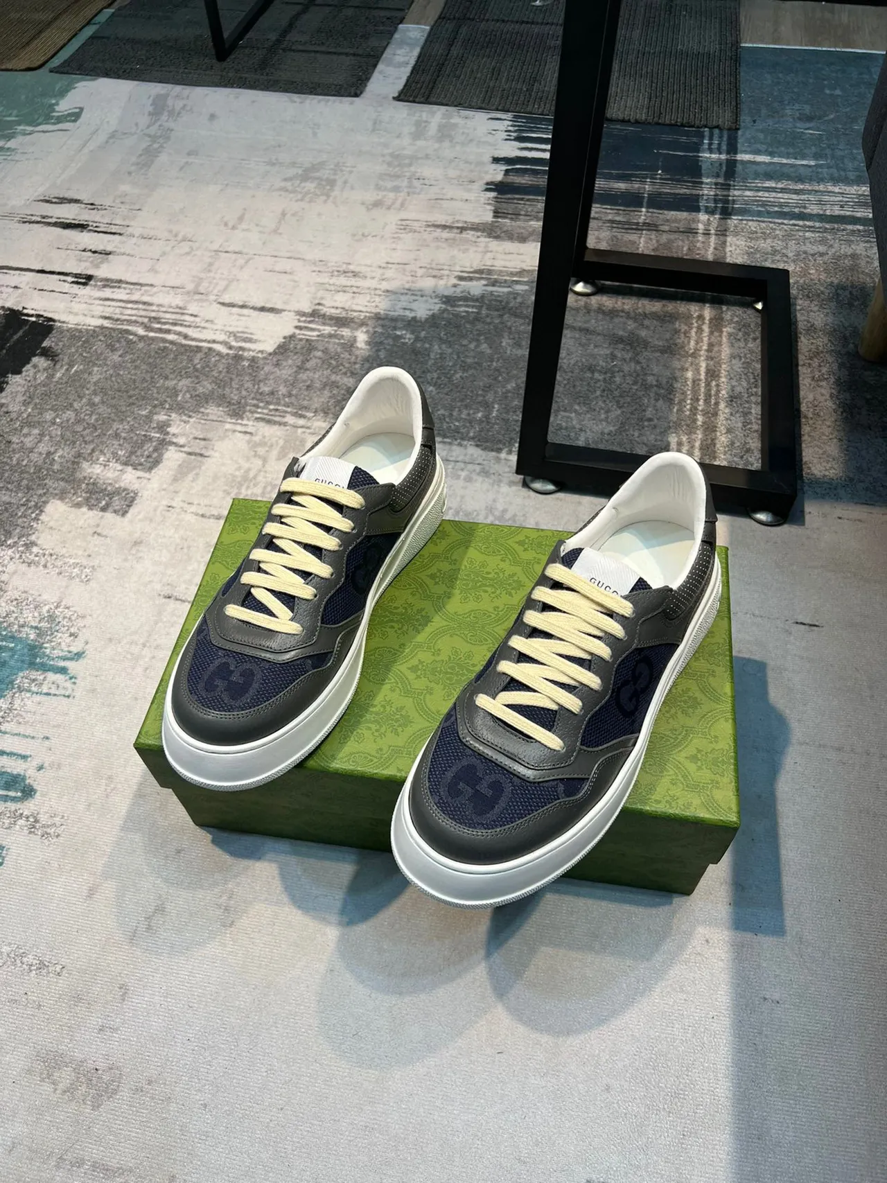 Gucci Navy Gray Layered Leather And Fabric Upper Perforated Detailing Lifestyle Sneakers 5