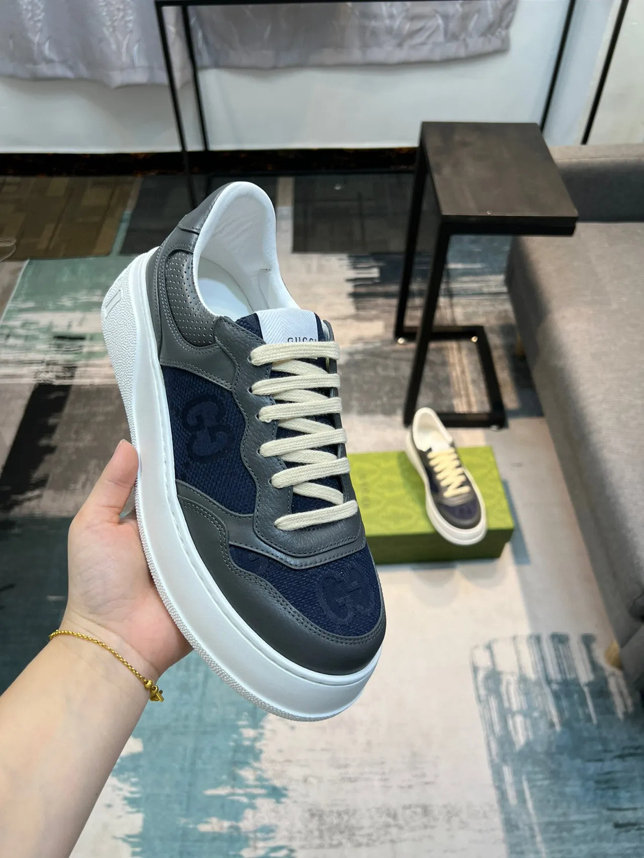 Gucci Navy Gray Layered Leather And Fabric Upper Perforated Detailing Lifestyle Sneakers 6