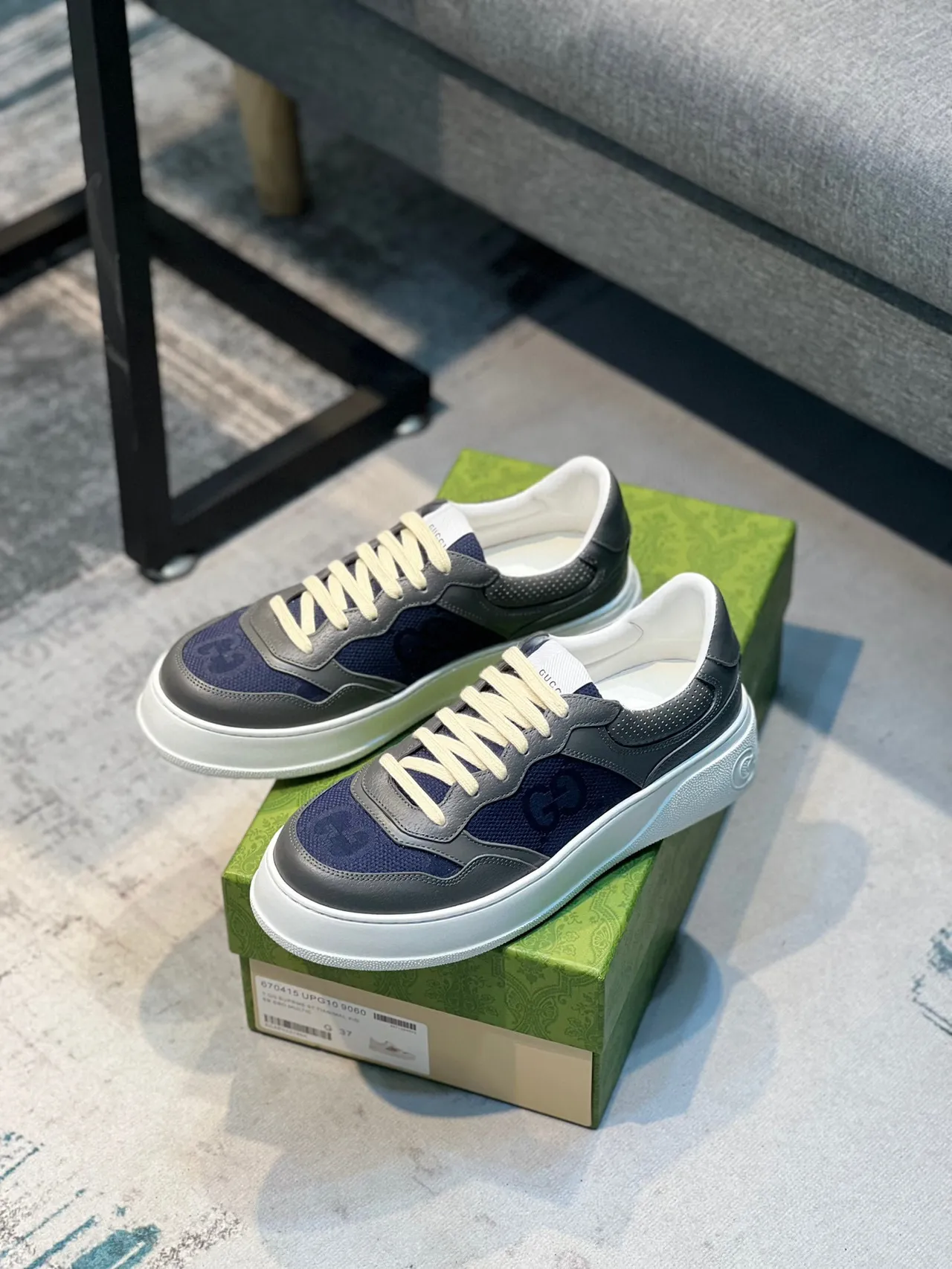 Gucci Navy Gray Layered Leather And Fabric Upper Perforated Detailing Lifestyle Sneakers 7