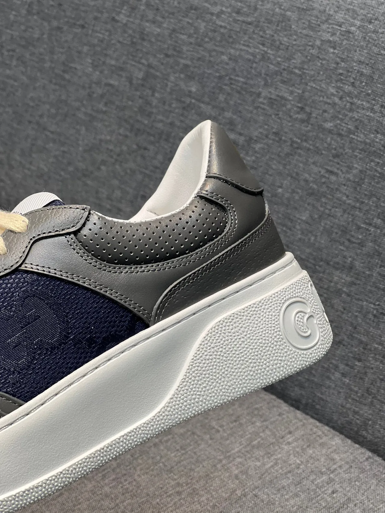 Gucci Navy Gray Layered Leather And Fabric Upper Perforated Detailing Lifestyle Sneakers 8