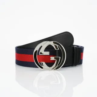 Gucci Navy Red Interlocking G Buckle Web Stripe Woven Band Leather Belt