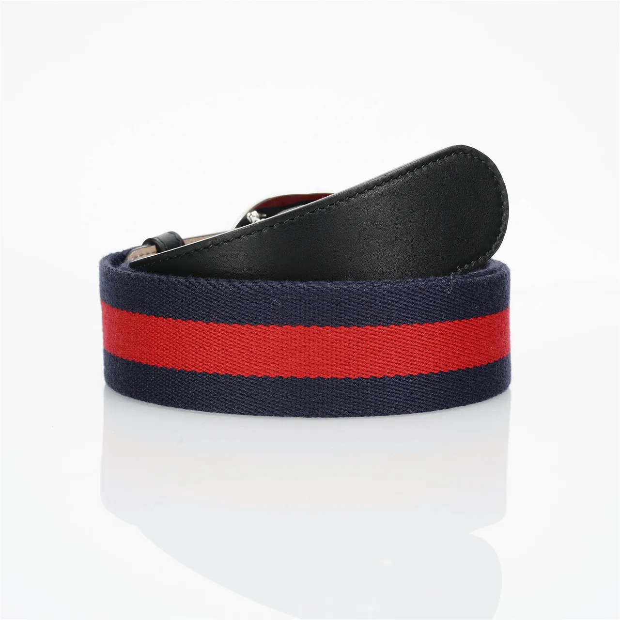 Gucci Navy Red Interlocking G Buckle Web Stripe Woven Band Leather Belt 3