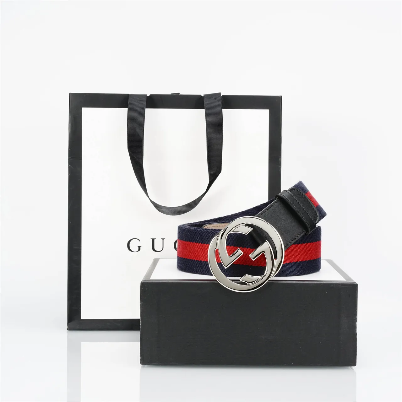 Gucci Navy Red Interlocking G Buckle Web Stripe Woven Band Leather Belt 4