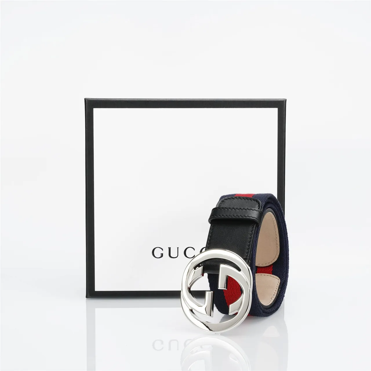 Gucci Navy Red Interlocking G Buckle Web Stripe Woven Band Leather Belt 5