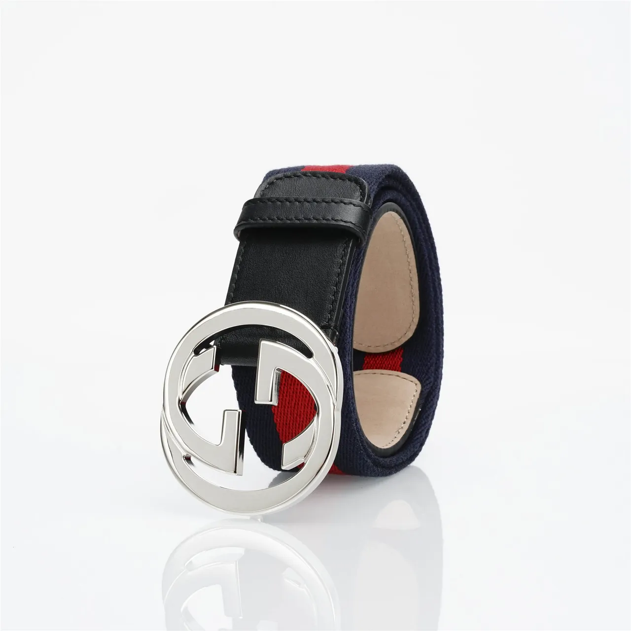 Gucci Navy Red Interlocking G Buckle Web Stripe Woven Band Leather Belt 6