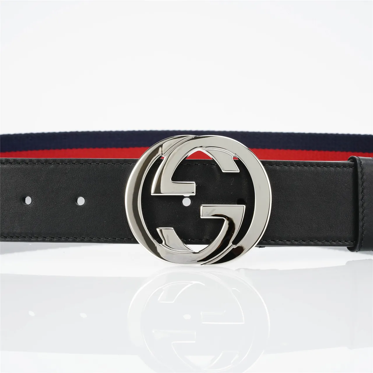 Gucci Navy Red Interlocking G Buckle Web Stripe Woven Band Leather Belt 8