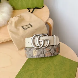 Gucci Ophidia Beige Brown Double G Interlocking Buckle Cream Trim Leather Belt