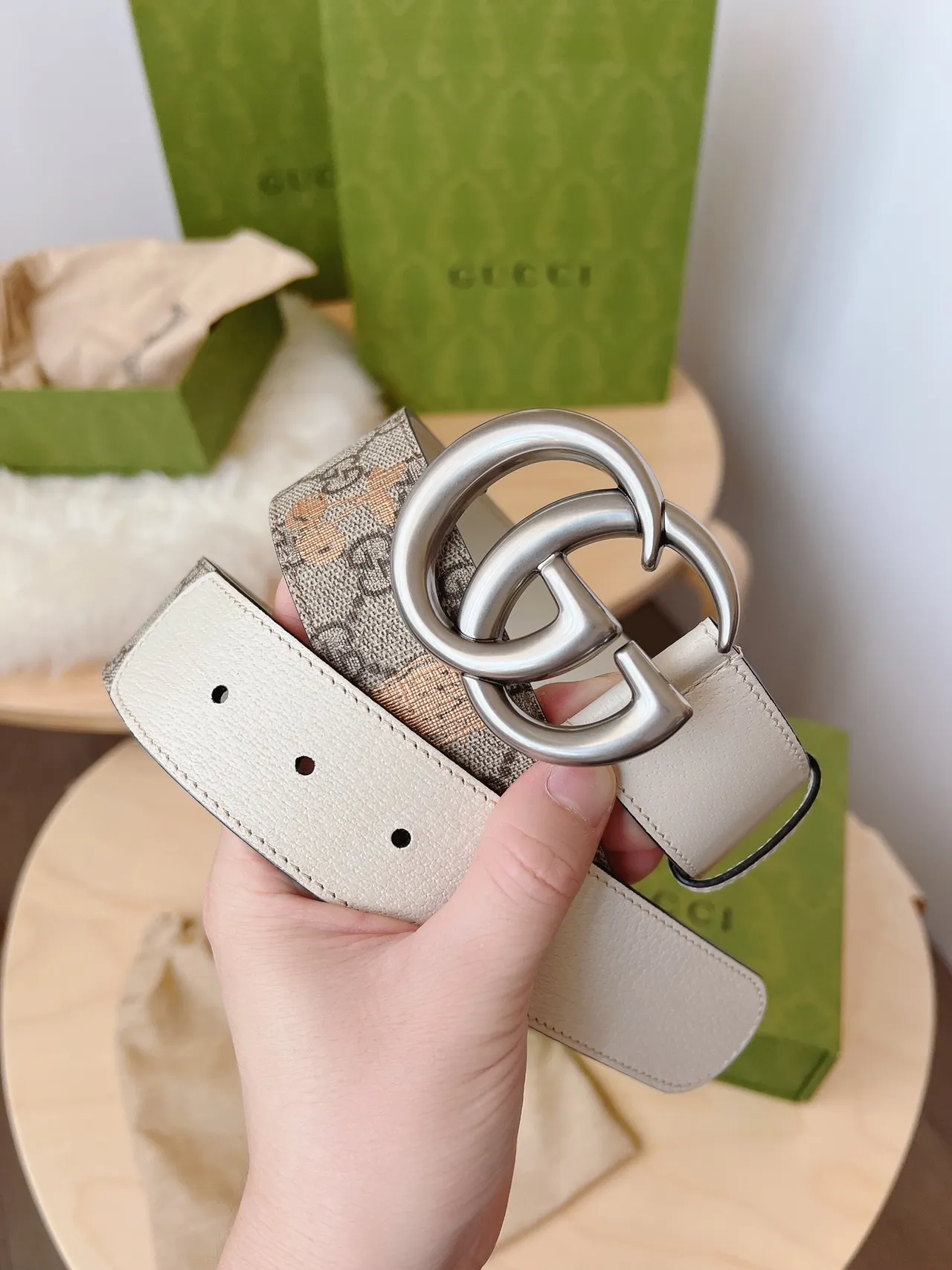 Gucci Ophidia Beige Brown Double G Interlocking Buckle Cream Trim Leather Belt 2
