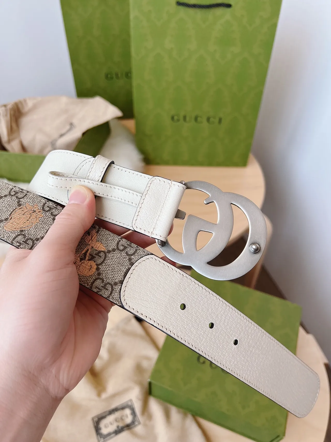Gucci Ophidia Beige Brown Double G Interlocking Buckle Cream Trim Leather Belt 3