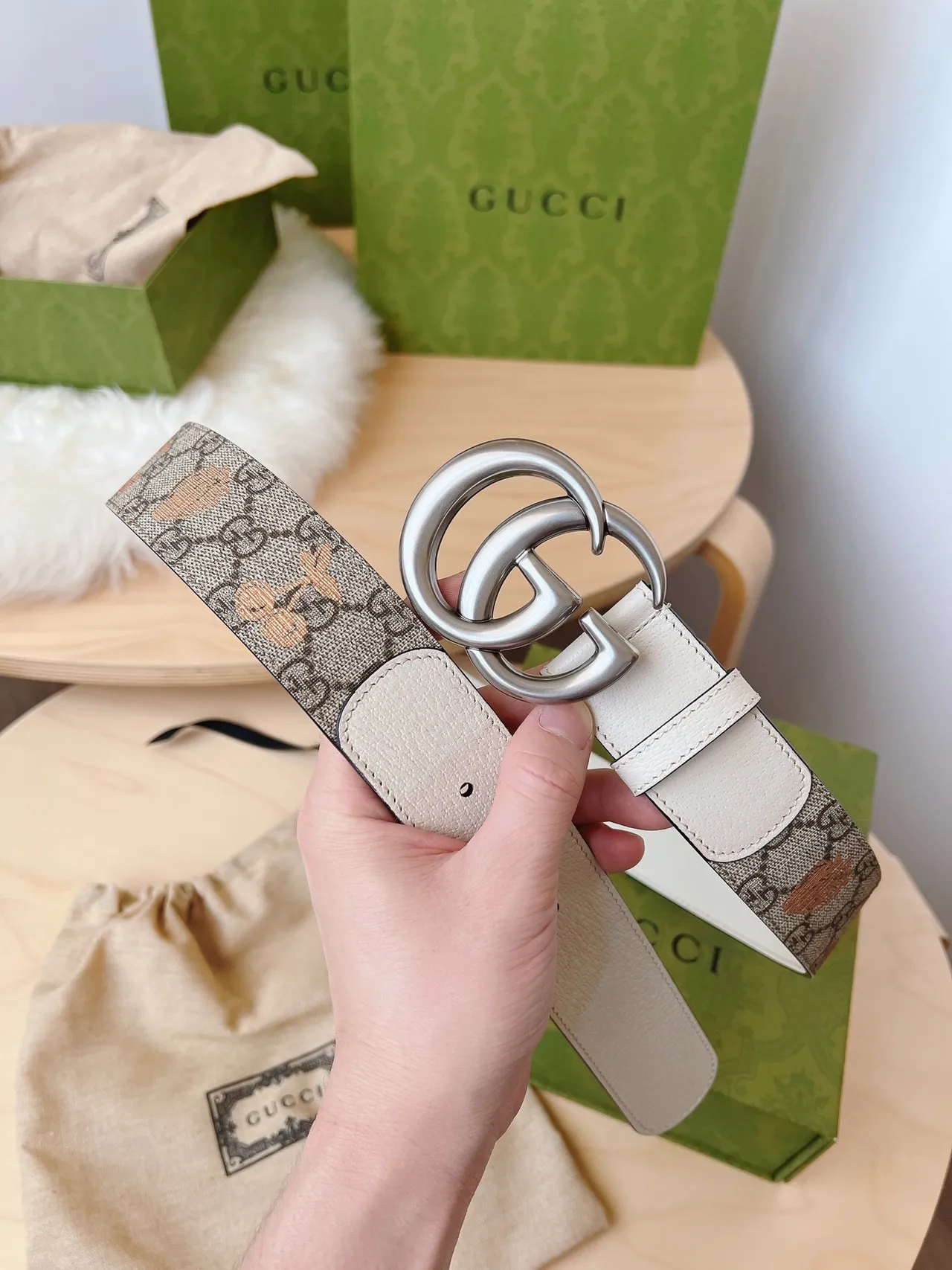 Gucci Ophidia Beige Brown Double G Interlocking Buckle Cream Trim Leather Belt 4