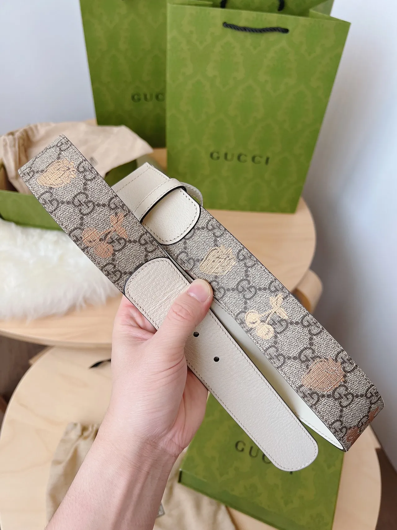 Gucci Ophidia Beige Brown Double G Interlocking Buckle Cream Trim Leather Belt 5