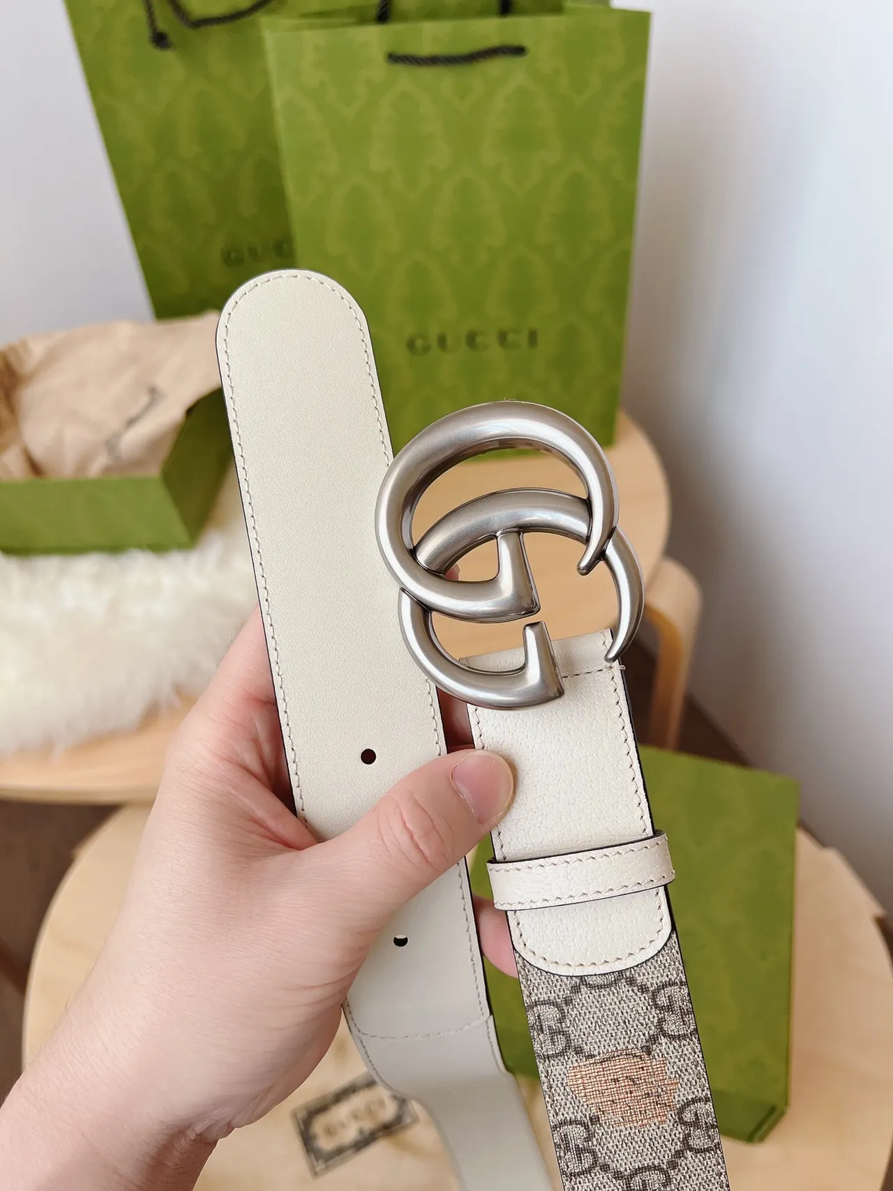Gucci Ophidia Beige Brown Double G Interlocking Buckle Cream Trim Leather Belt 6