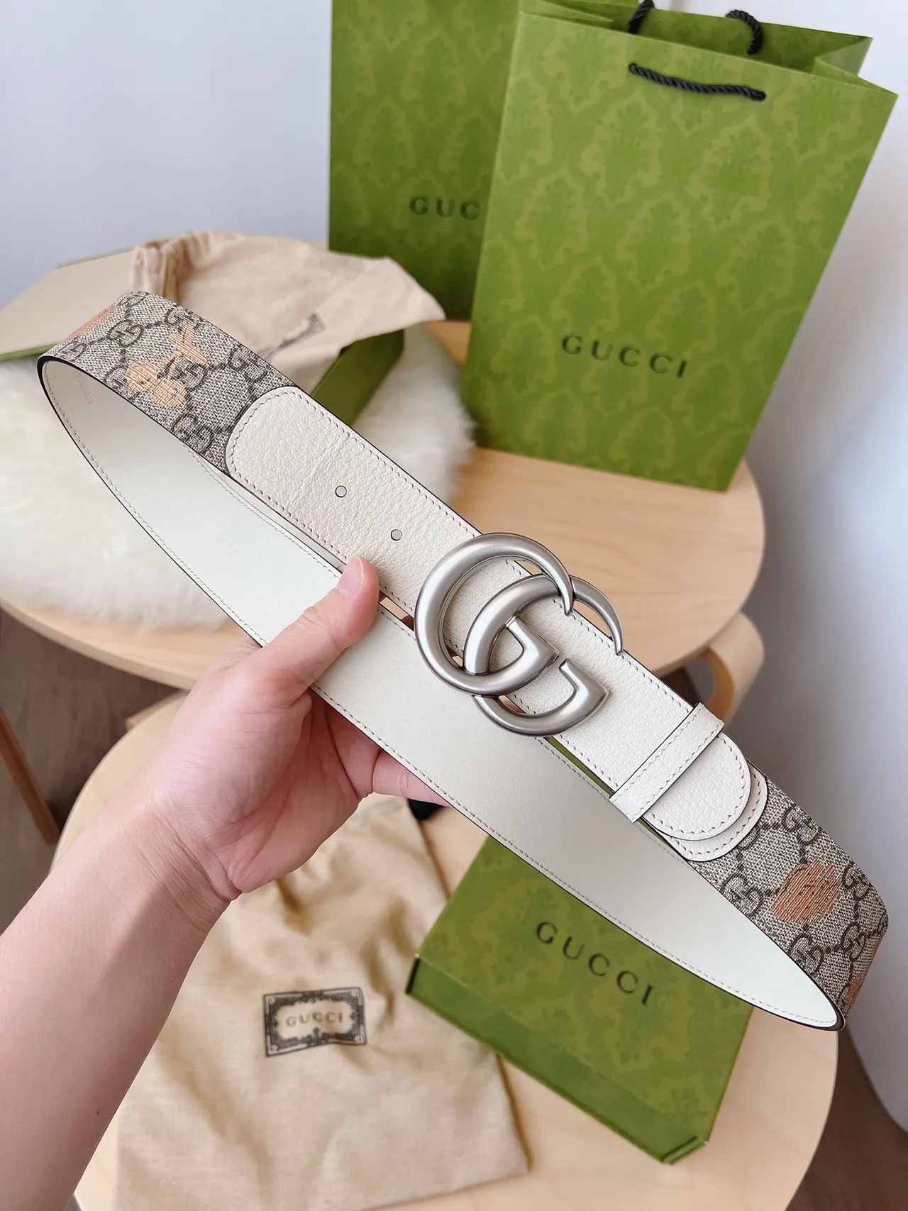 Gucci Ophidia Beige Brown Double G Interlocking Buckle Cream Trim Leather Belt 7