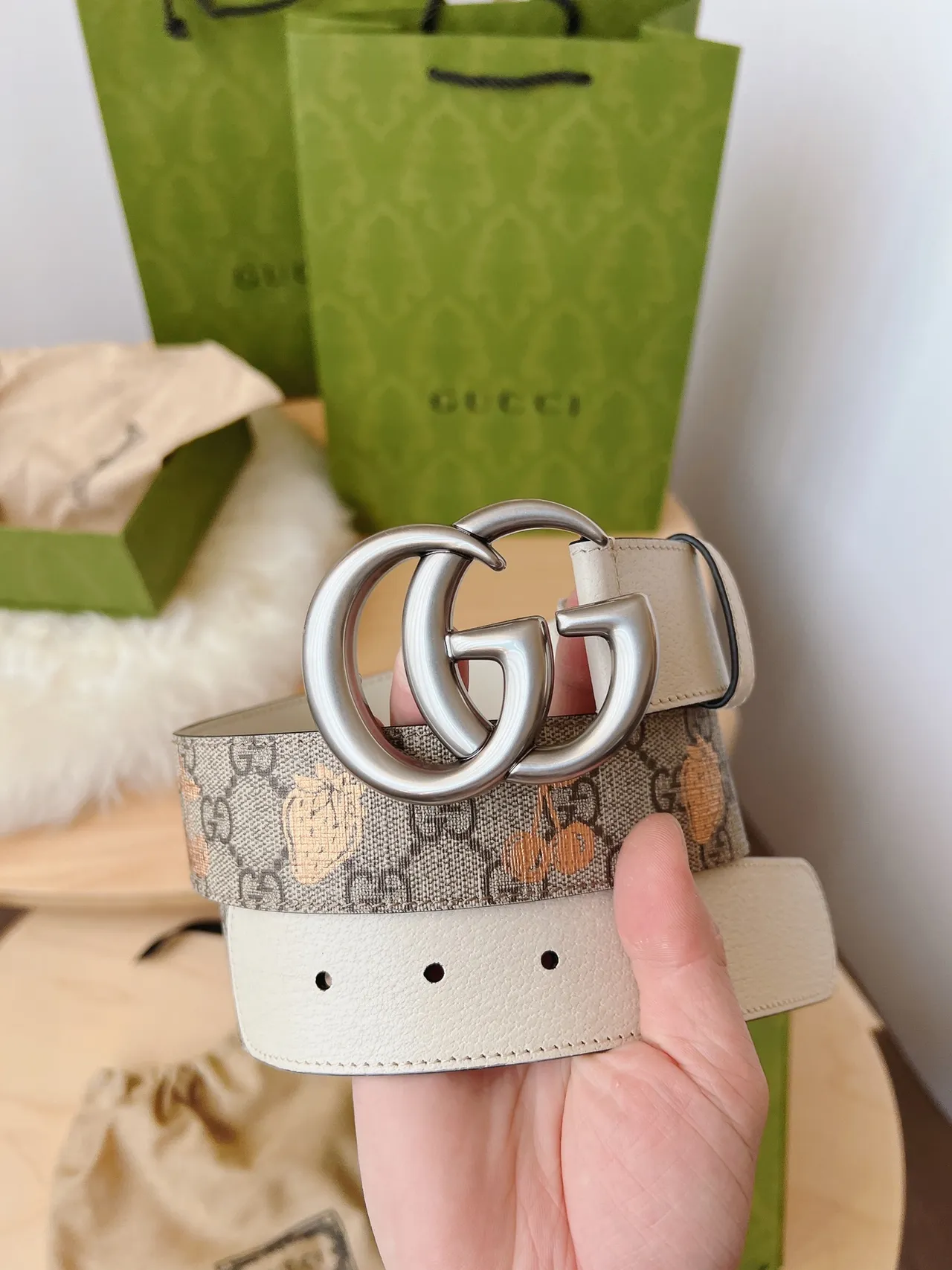 Gucci Ophidia Beige Brown Double G Interlocking Buckle Cream Trim Leather Belt 8