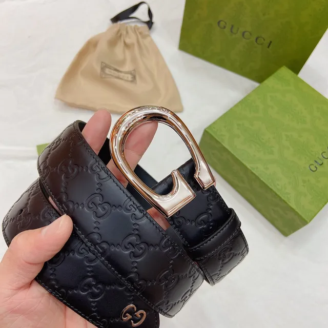 Gucci Ophidia Black Brown Embossed GG Monogram Interlocking G Buckle Leather Belt 2