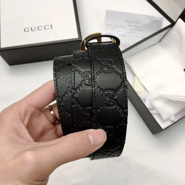 Gucci Ophidia Black Gold Interlocking Double G Buckle Embossed GG Monogram Leather Belt 2