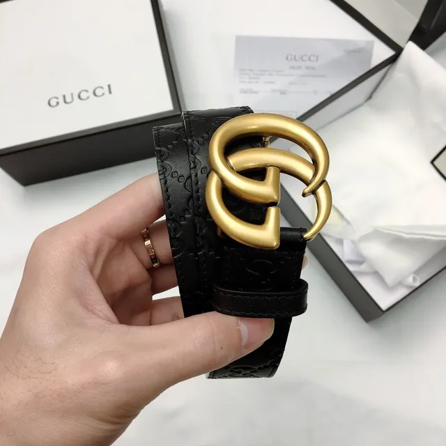 Gucci Ophidia Black Gold Interlocking Double G Buckle Embossed GG Monogram Leather Belt 3