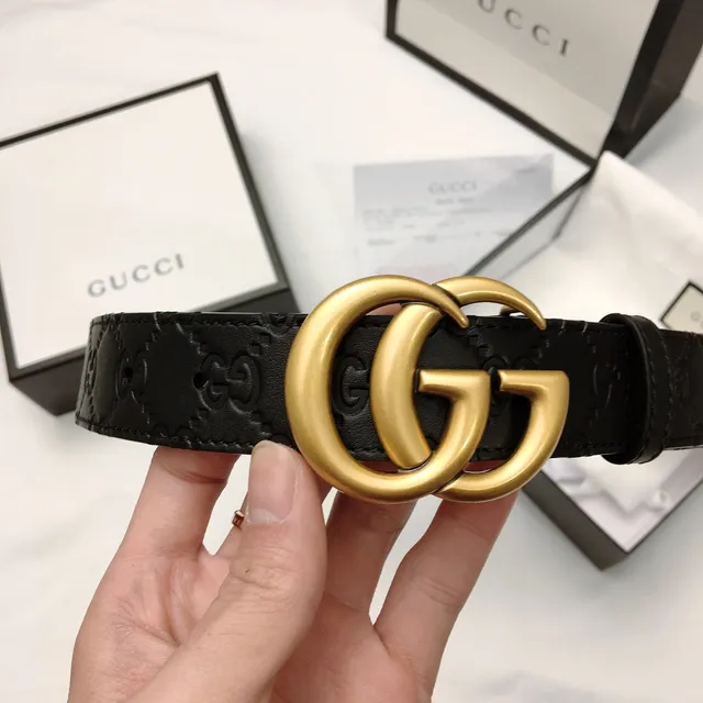 Gucci Ophidia Black Gold Interlocking Double G Buckle Embossed GG Monogram Leather Belt 4