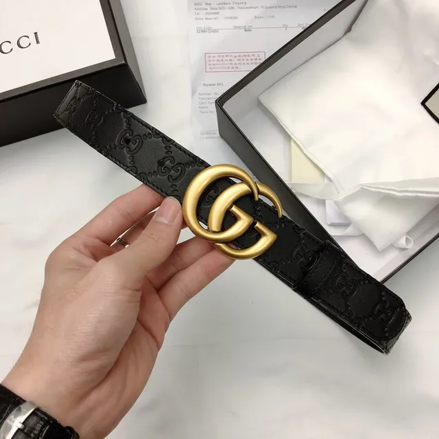 Gucci Ophidia Black Gold Interlocking Double G Buckle Embossed GG Monogram Leather Belt 5