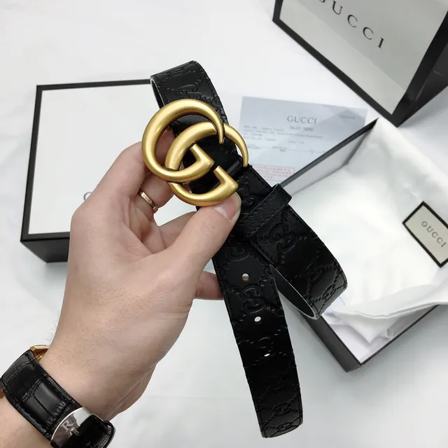 Gucci Ophidia Black Gold Interlocking Double G Buckle Embossed GG Monogram Leather Belt 6