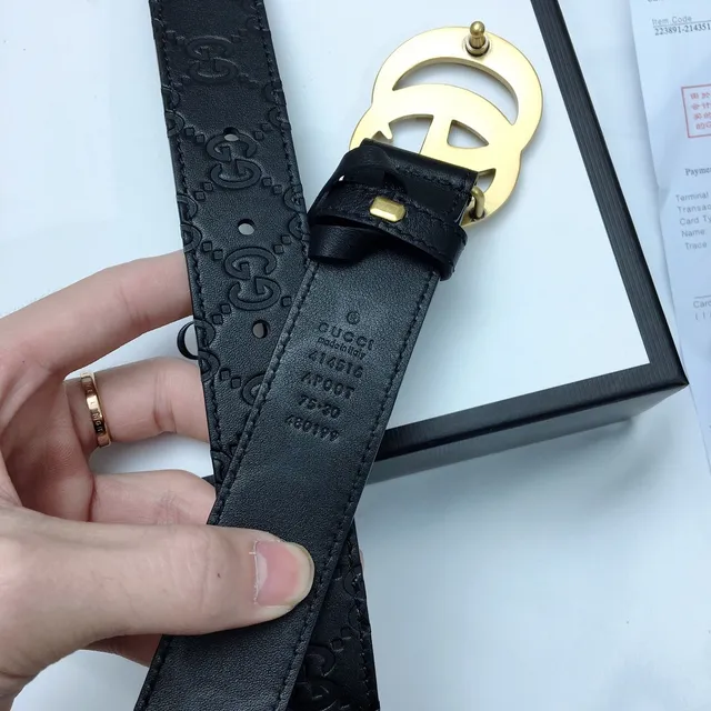 Gucci Ophidia Black Gold Interlocking Double G Buckle Embossed GG Monogram Leather Belt 7