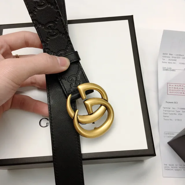 Gucci Ophidia Black Gold Interlocking Double G Buckle Embossed GG Monogram Leather Belt 8