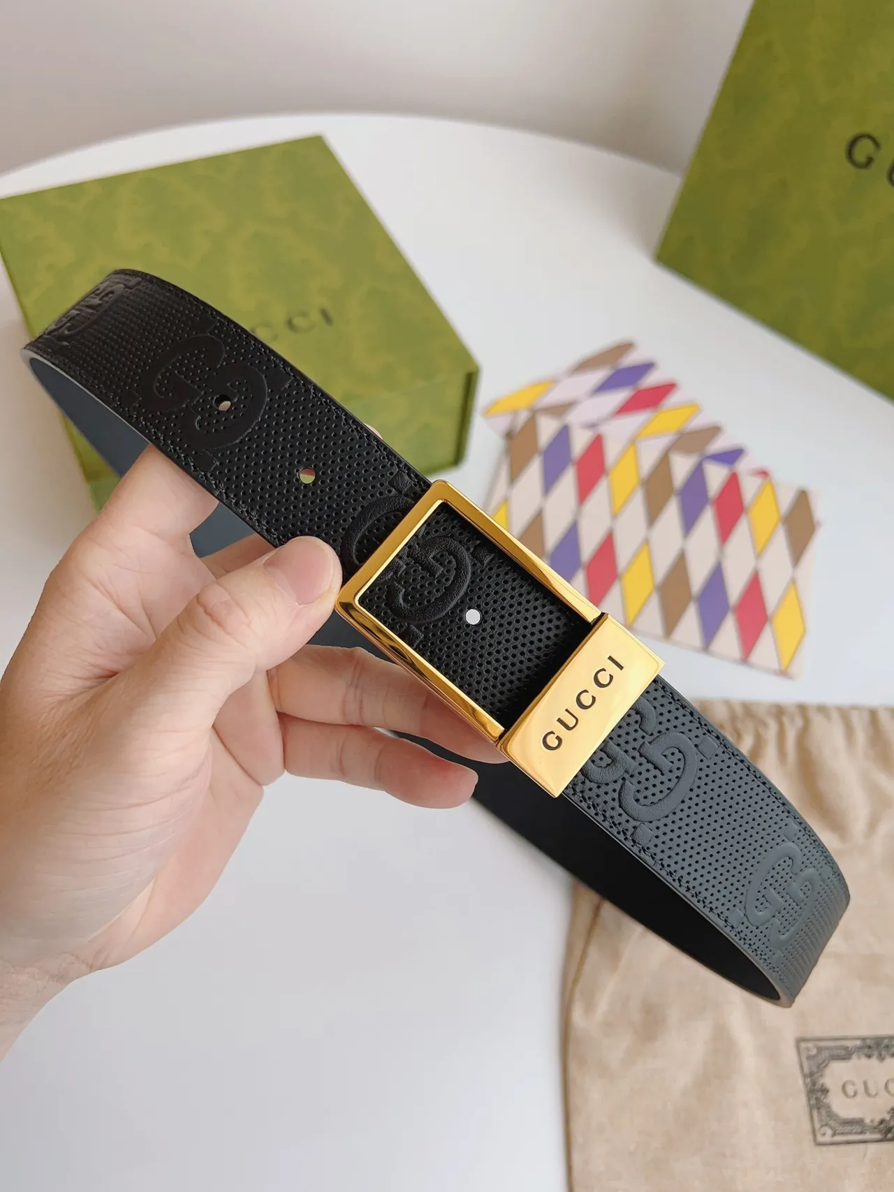 Gucci Ophidia Black Gold Perforated Embossed GG Monogram Leather Belt 2