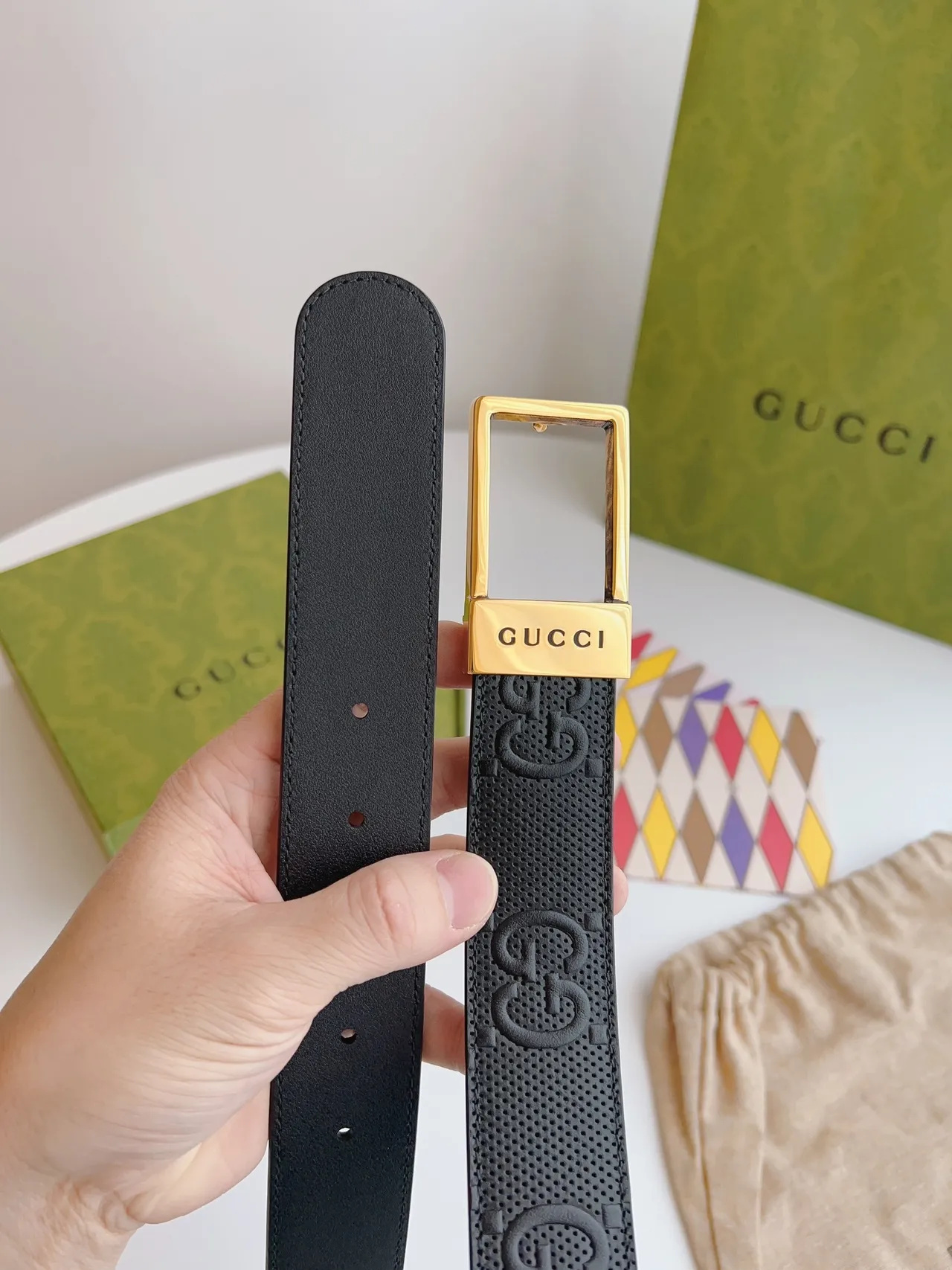 Gucci Ophidia Black Gold Perforated Embossed GG Monogram Leather Belt 3