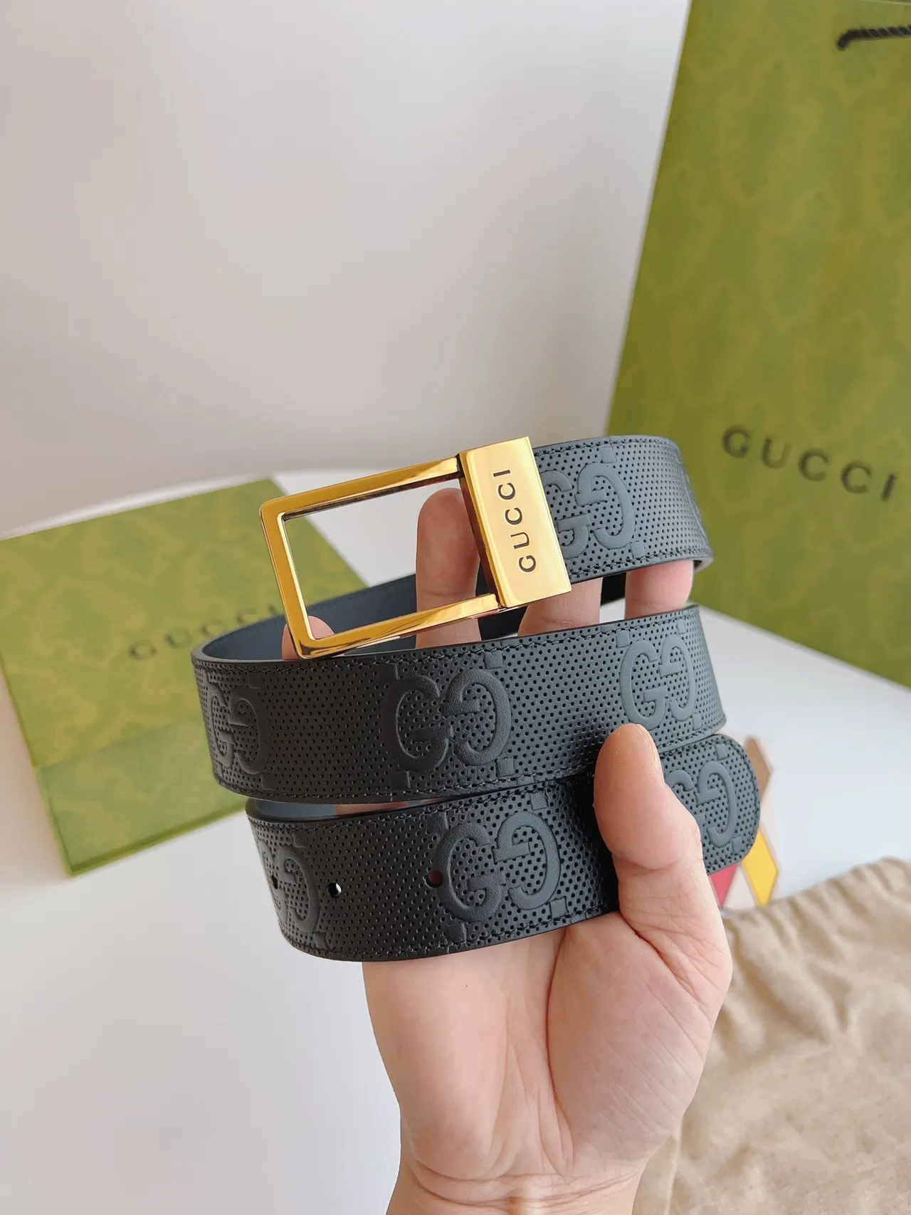 Gucci Ophidia Black Gold Perforated Embossed GG Monogram Leather Belt 4