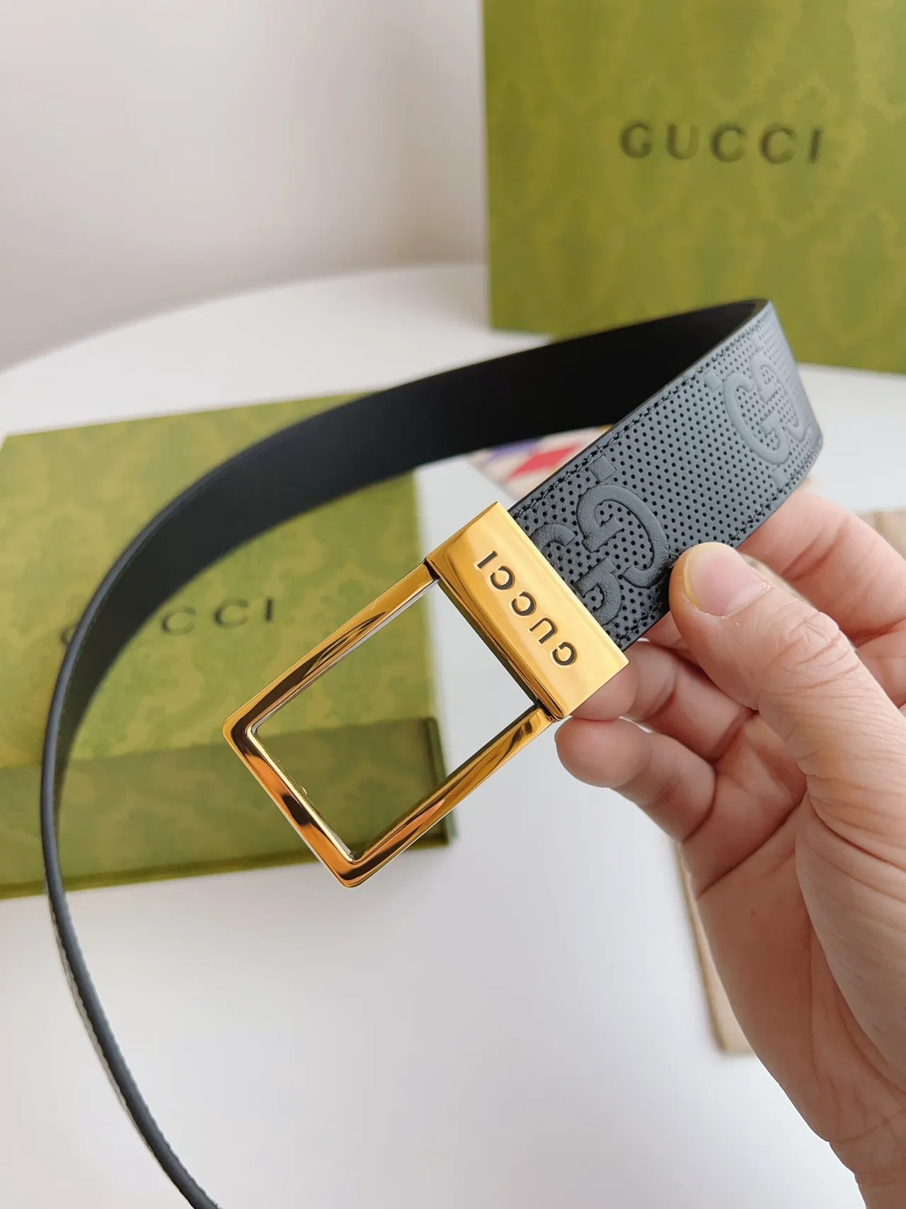 Gucci Ophidia Black Gold Perforated Embossed GG Monogram Leather Belt 5