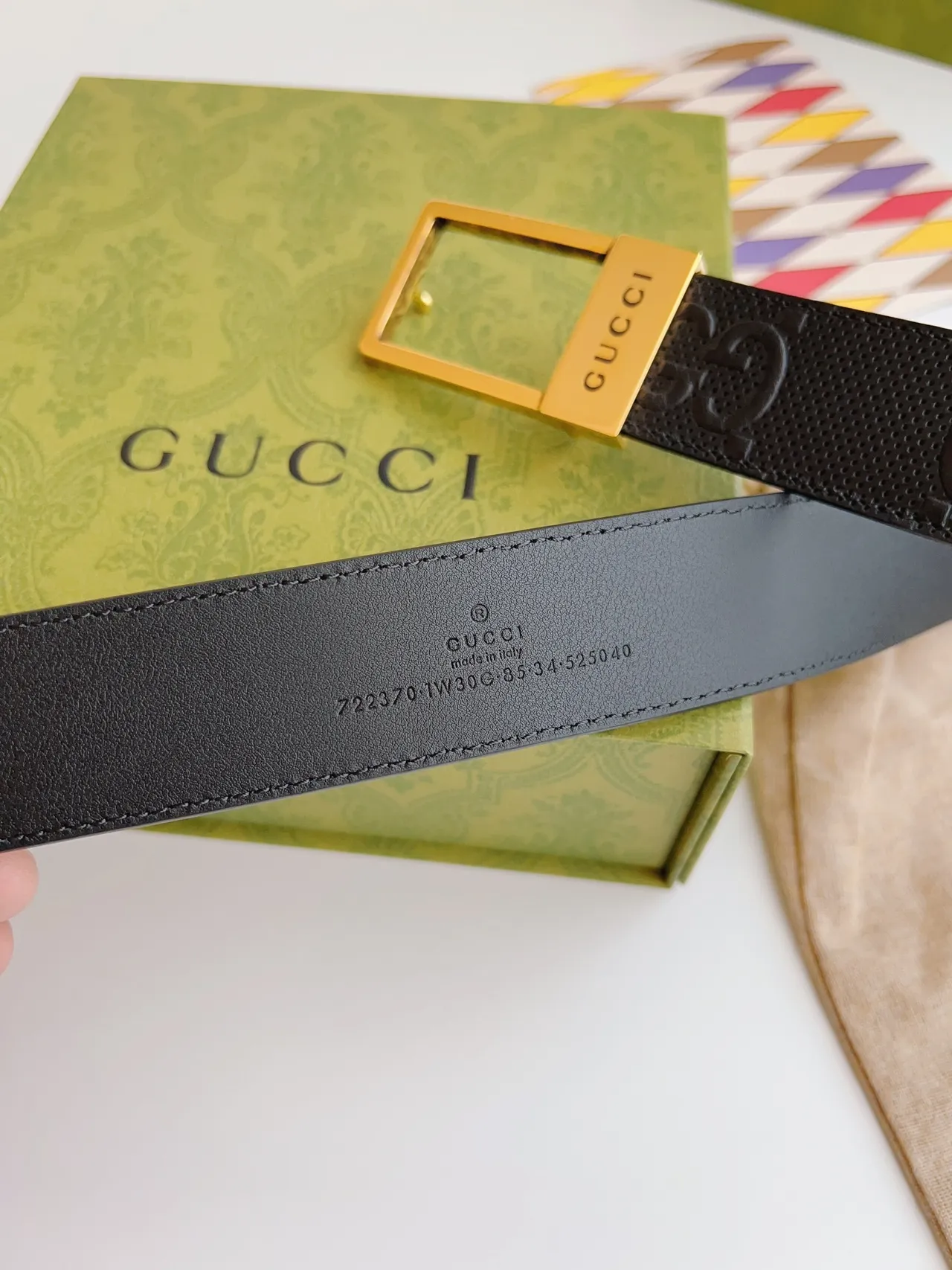 Gucci Ophidia Black Gold Perforated Embossed GG Monogram Leather Belt 6