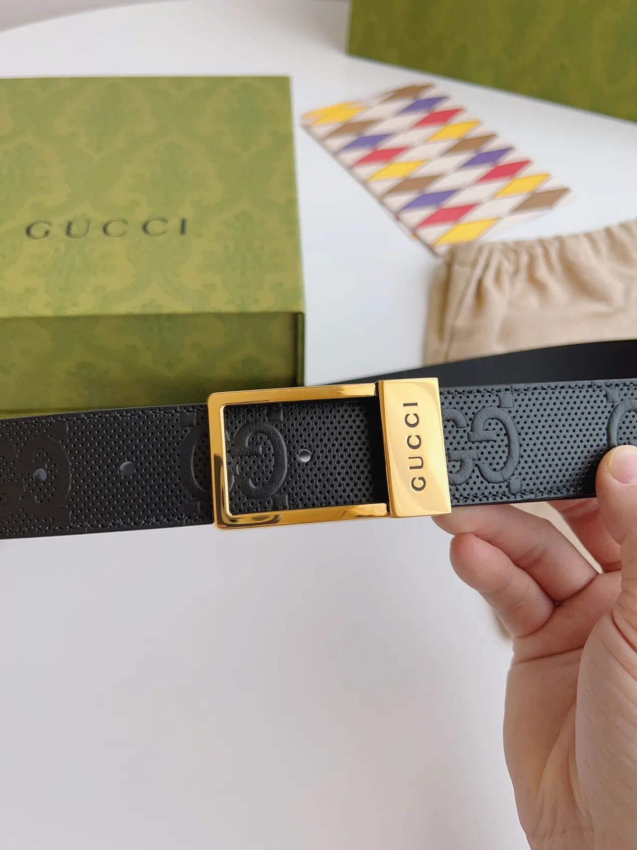 Gucci Ophidia Black Gold Perforated Embossed GG Monogram Leather Belt 7