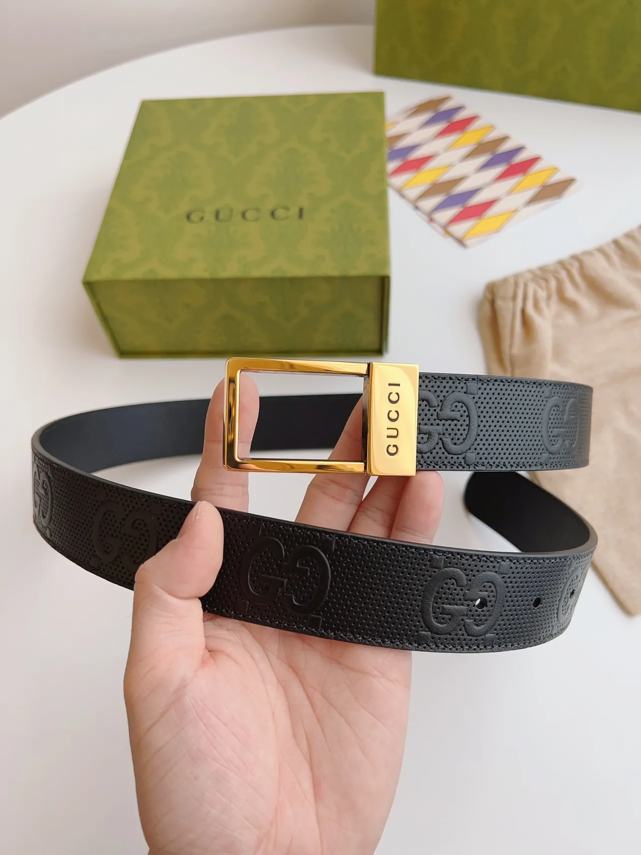 Gucci Ophidia Black Gold Perforated Embossed GG Monogram Leather Belt 8