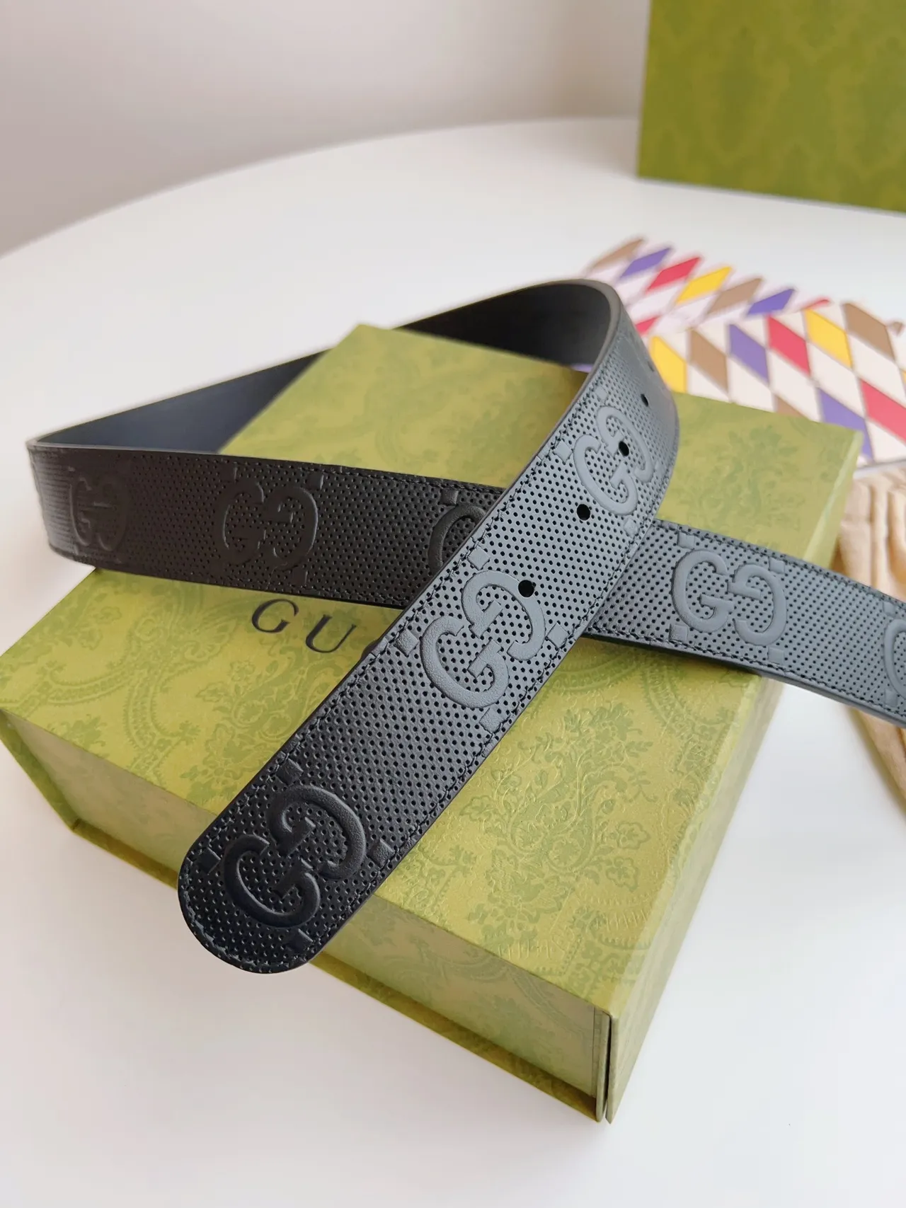 Gucci Ophidia Black Gold Perforated Embossed GG Monogram Leather Belt 9